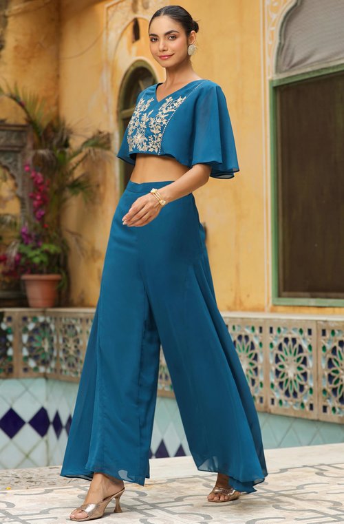 Janasya Indian Women's Teal Blue Georgette Yoke Embroidered Co-Ord Set