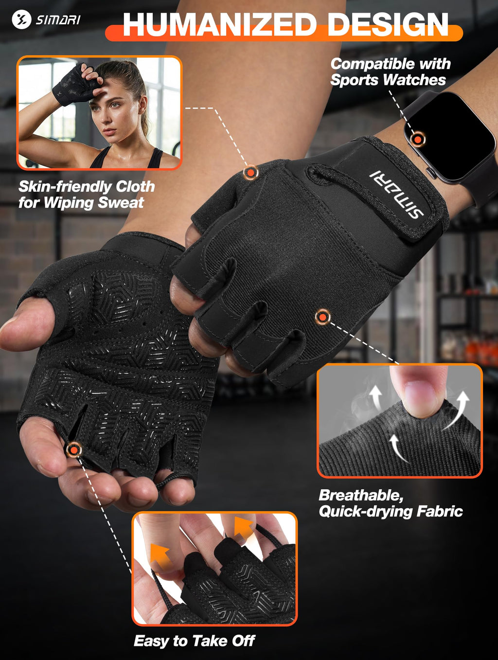 SIMARI Breathable Workout Gloves for Men & Women, Weight Lifting Gloves with Padded, Grip, Full Palm Protection, Gift for Gym Exercise, Cycling, Weightlifting Training, Kayaking, Fitness (Black-M)