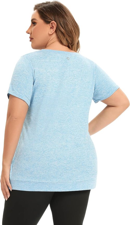 FOREYOND Women's Plus Size Workout Tops - Short Sleeve Loose Fit Athletic Shirts for Yoga & Gym