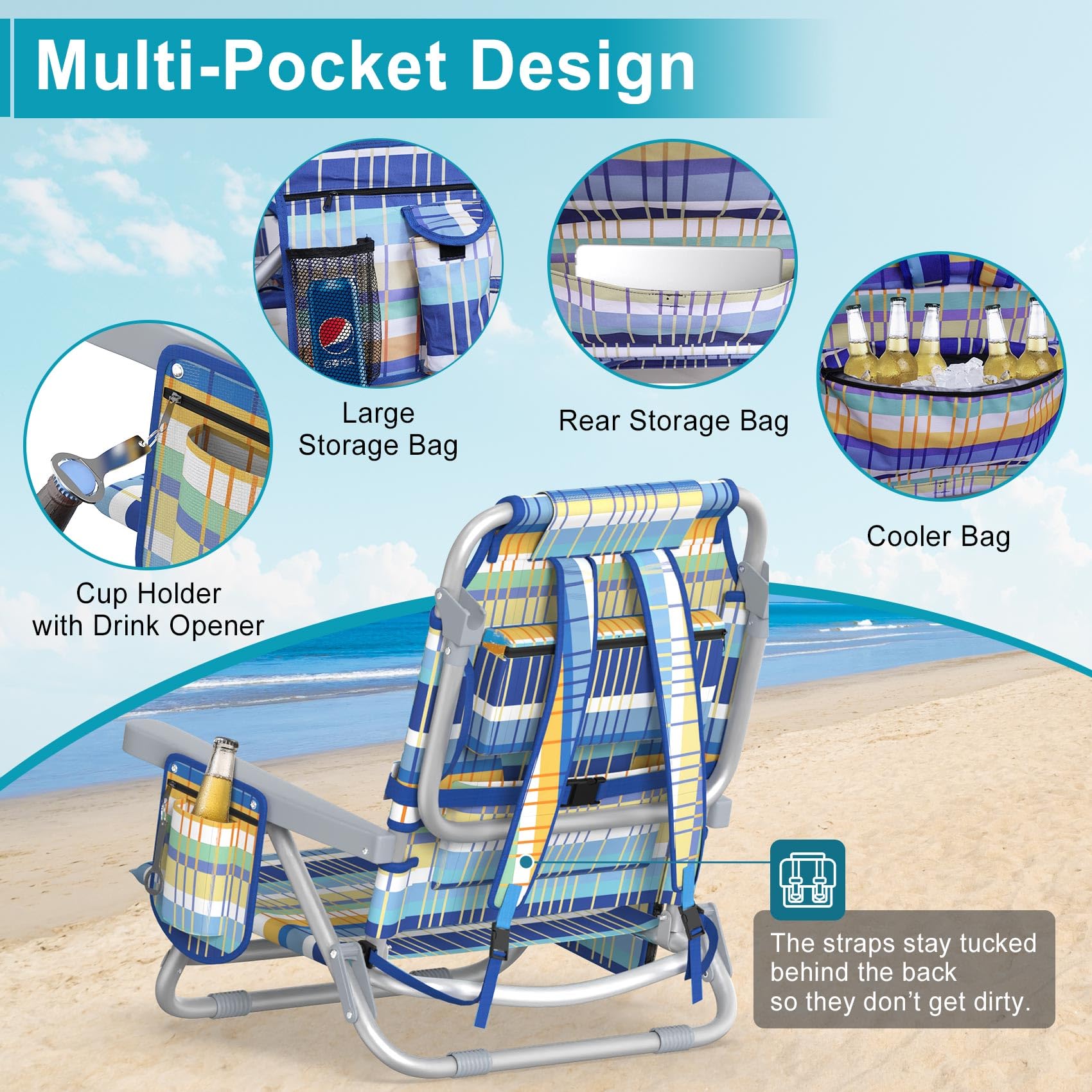 Suteck Beach Chair, Adjustable 5-Position Backpack Beach Chairs for Adults Kids, Foldable Lay Flat Chair with Cooler Bag, Cup Holder and Lumbar Pillow, Reclining Lay Down Chairs for Lawn Outdoor