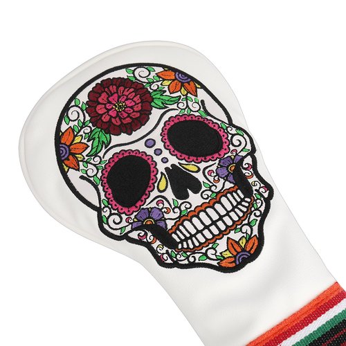 SHABIER White Golf Fairway Headcover with Rose Embroidery Sugar Skull Design for Golf Club