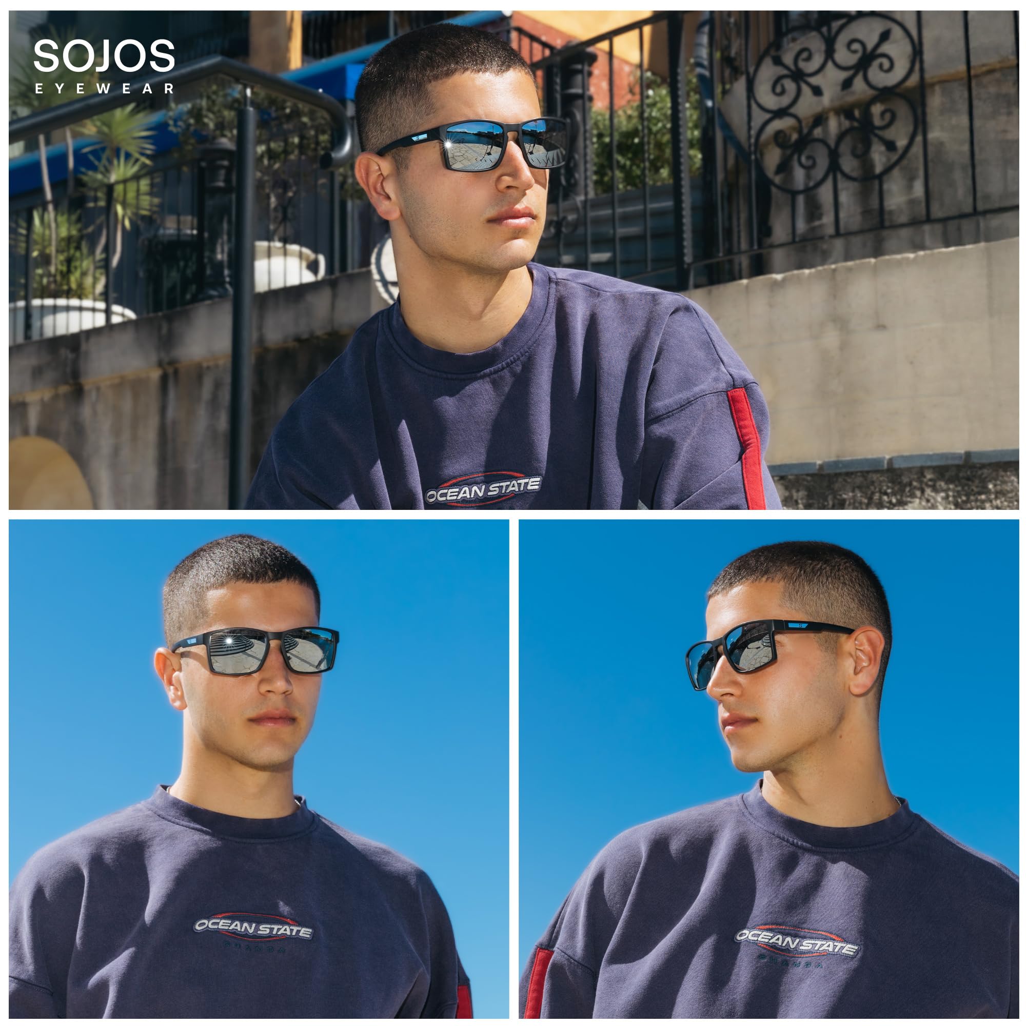 SOJOS Polarized Sunglasses for Driving, Outdoor Sports - Square UV Protection Shades Men Women, Matte Black/Grey