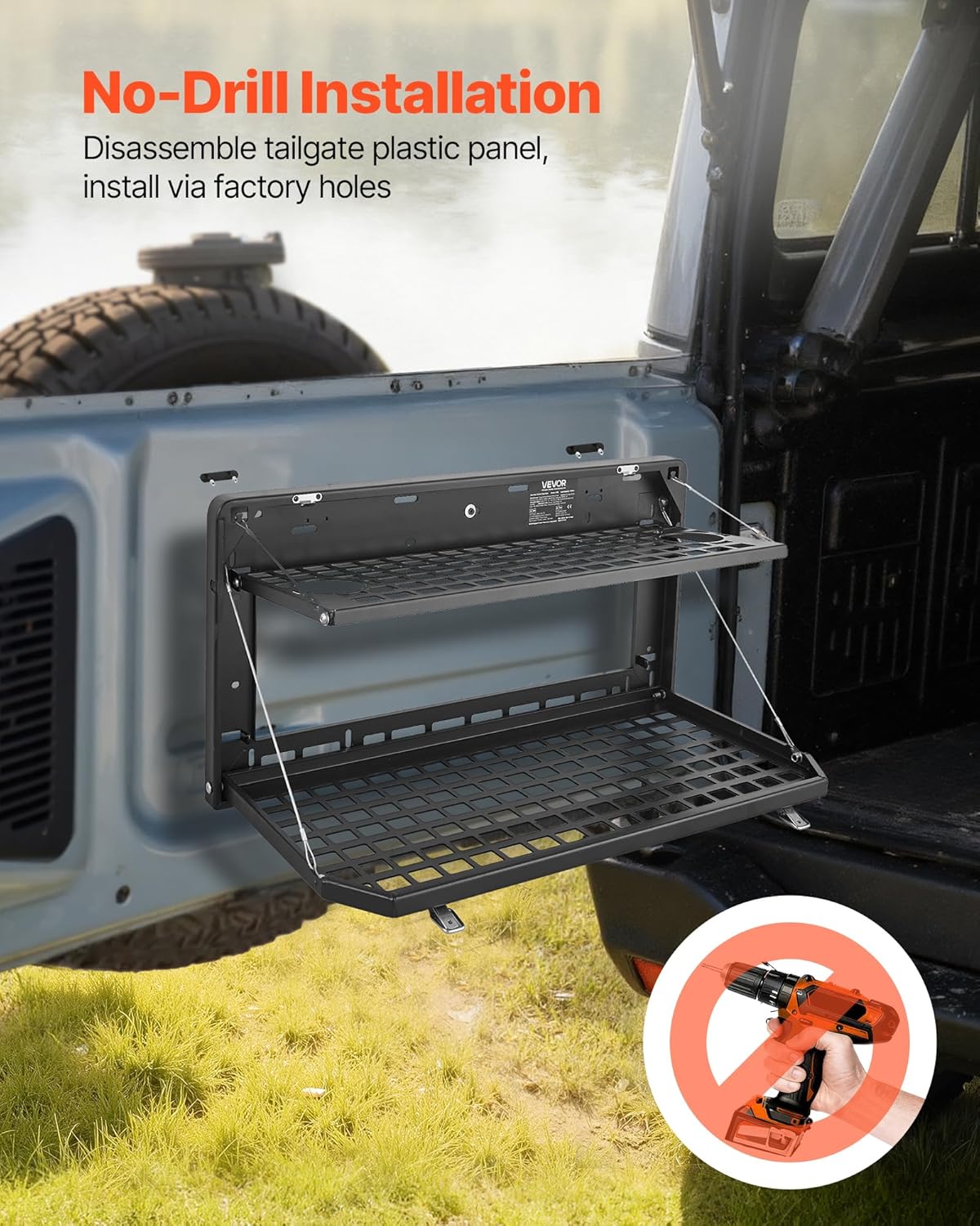 VEVOR Tailgate Table for Jeep Wrangler JL (2019-Present) - Foldable Carbon Steel Molle Panel & Cargo Rack