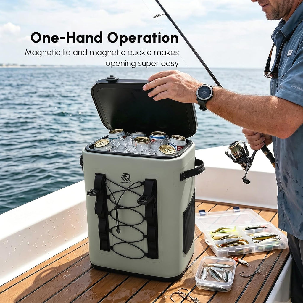 Zipperless Magnetic Cooler Backpack by [Brand Name] - 24 Can Insulated Soft Cooler | Leakproof & Durable for Kayaking, Camping, and Boating
