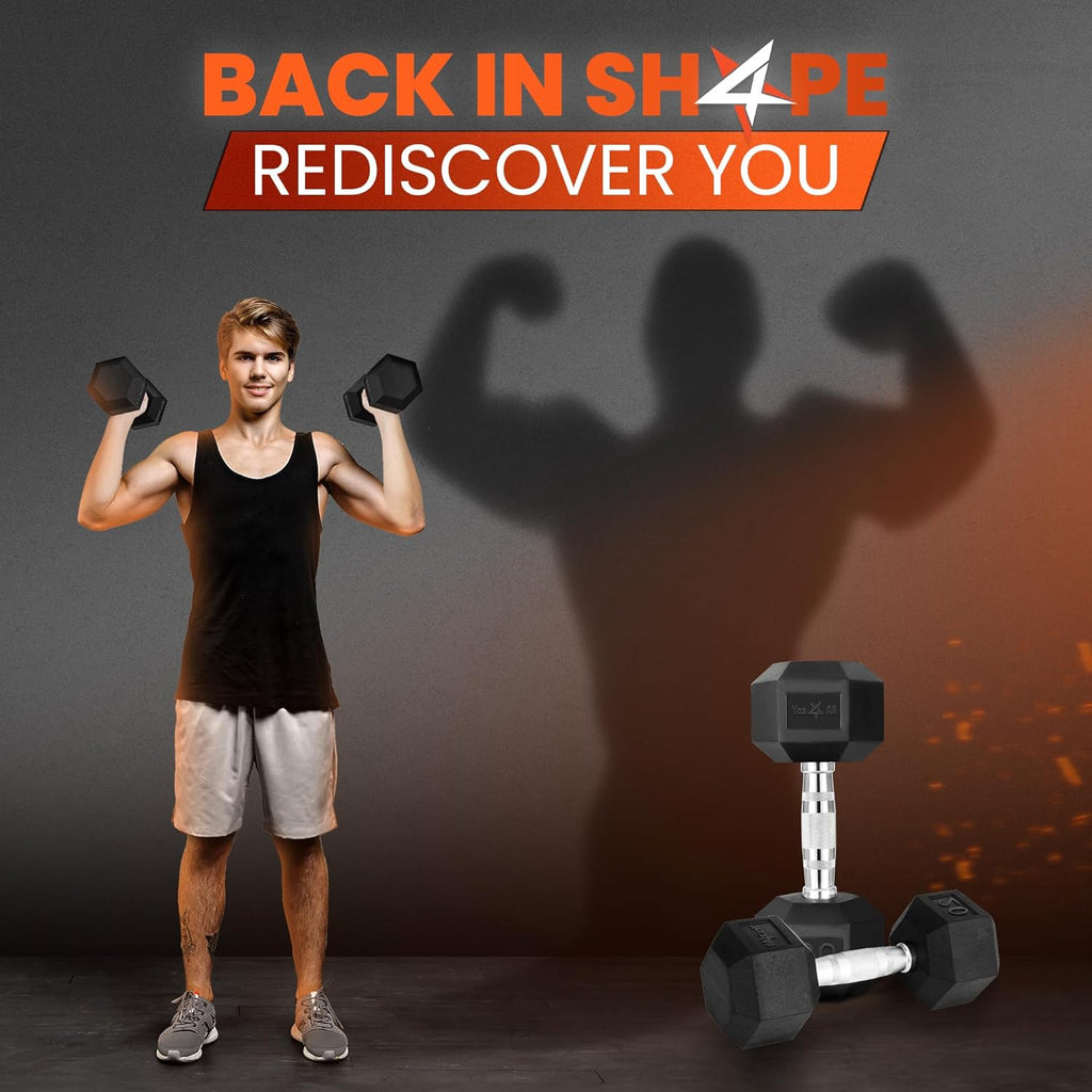 Yes4All Chrome Grip Hex Dumbbells - Anti-Slip Hand Weights 5-50 LBS for Home Workouts