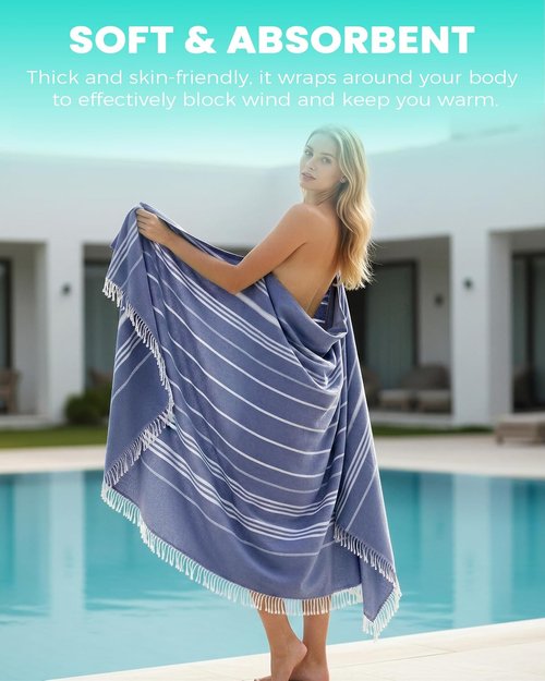Giant Boho Throw Blanket - Extra Large Turkish Beach Towel for Outdoor Picnics & Family Camping - Navy