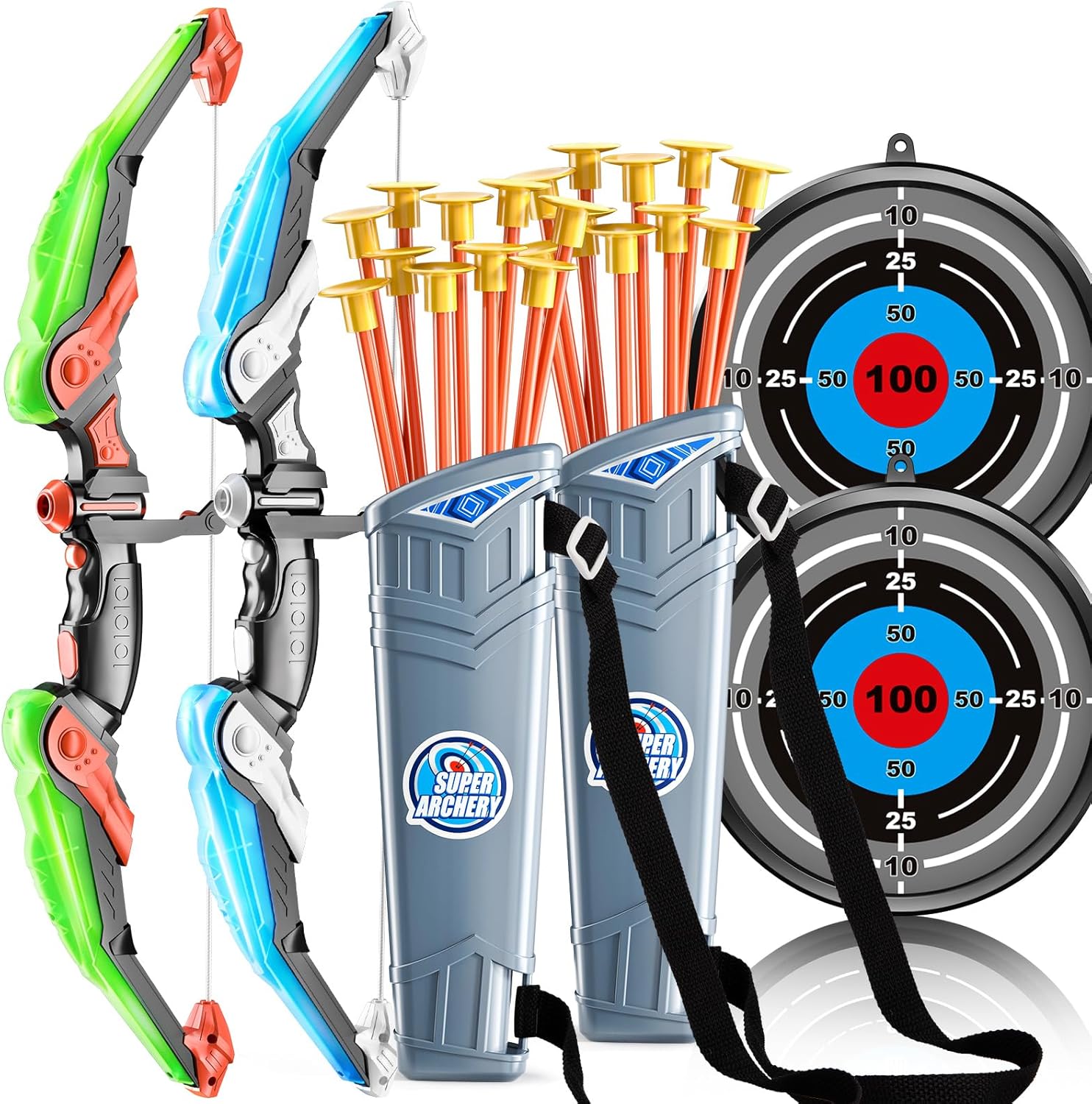 Skiennix Bow and Arrow Set - LED Light-Up Archery Toy with 20 Suction Cup Arrows & Quiver | Ages 3-12