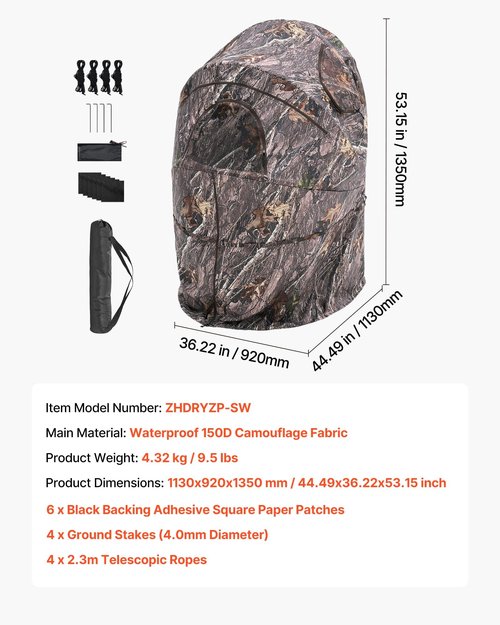 VEVOR Hunting Blind, Single Person Ground Blinds with Carrying Bag, Portable Camouflage Tent, Reinforced Durable Concealed Shelter with Silent Zipper Door and Window, for Turkey and Deer