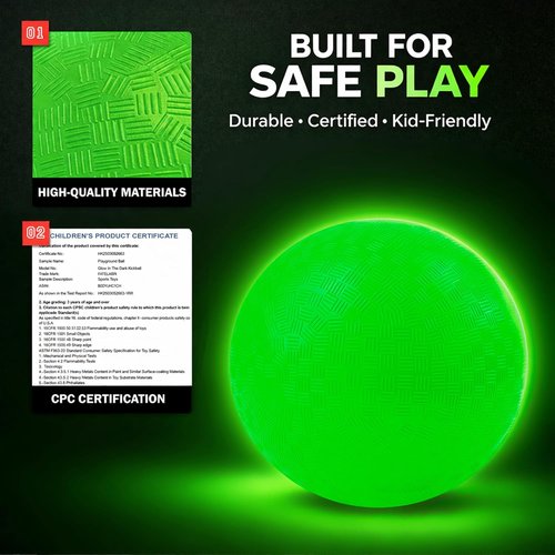 Glow in The Dark Kickball - 8.5 Inch Light-Up Playground Balls with Pump & Mesh Bags | Green Luminous
