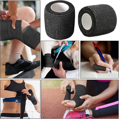 Treela 64 Pack 2" x 5 Yards Self Adhesive Cohesive Bandage Wraps, Elastic Breathable Athletic Tape, Flexible Self Adherent Bandage Rolls for Wrist, Ankle, Fingers, Sports & Pets (Black)