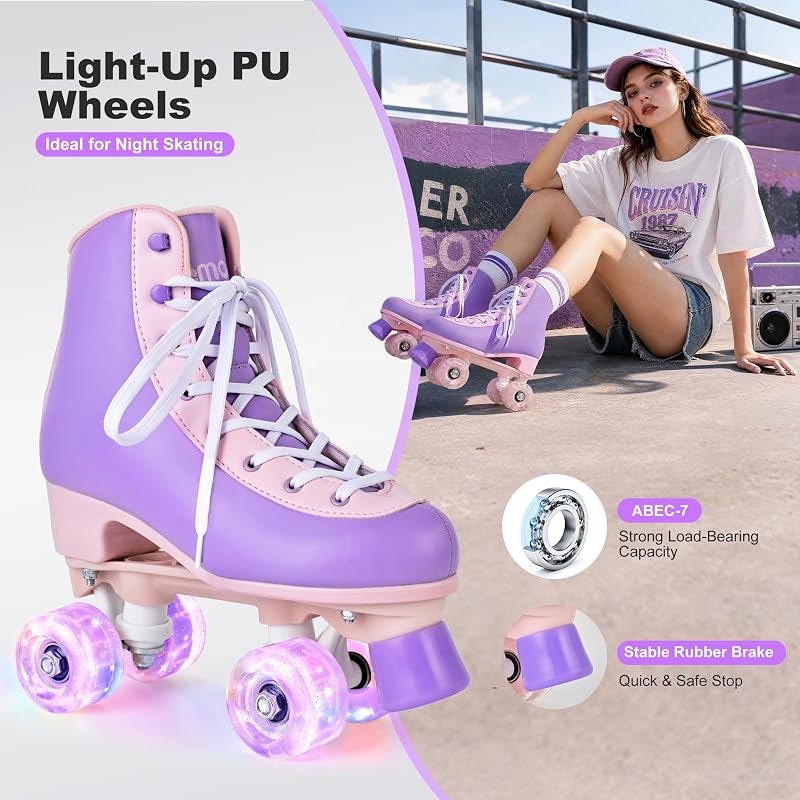 NEMONE Lavendar Dream Quad Roller Skates for Women, Girls - Light-Up PU Leather High-Top