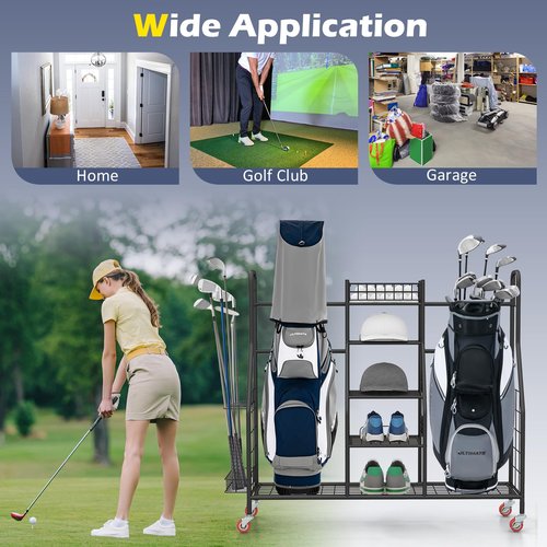 GYMAX Golf Bag Organizer, Golf Storage Garage Organizer with Lockable Wheels & Golf Club Side Rack, Extra Large Golfing Equipment Rack for Golf Accessories Garage Organizer (2 Compartment)