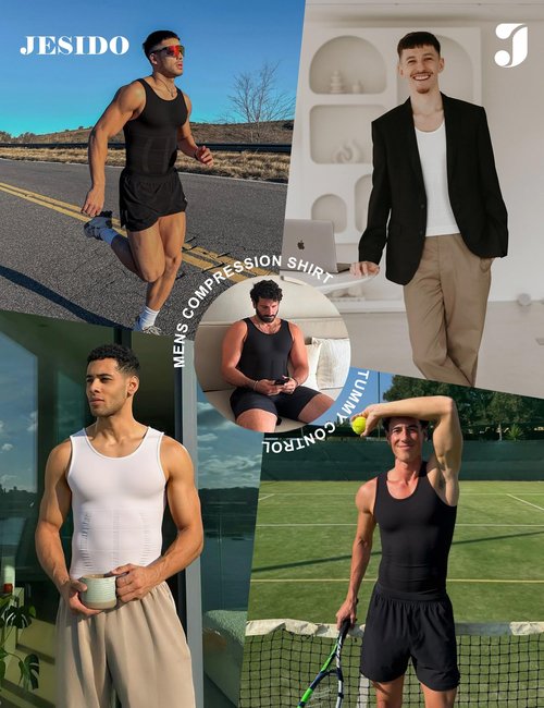 JESIDO 3 Pack Compression Shirt Men Slimming Body Shaper Tummy Control Vest Workout Tank Top Shapewear