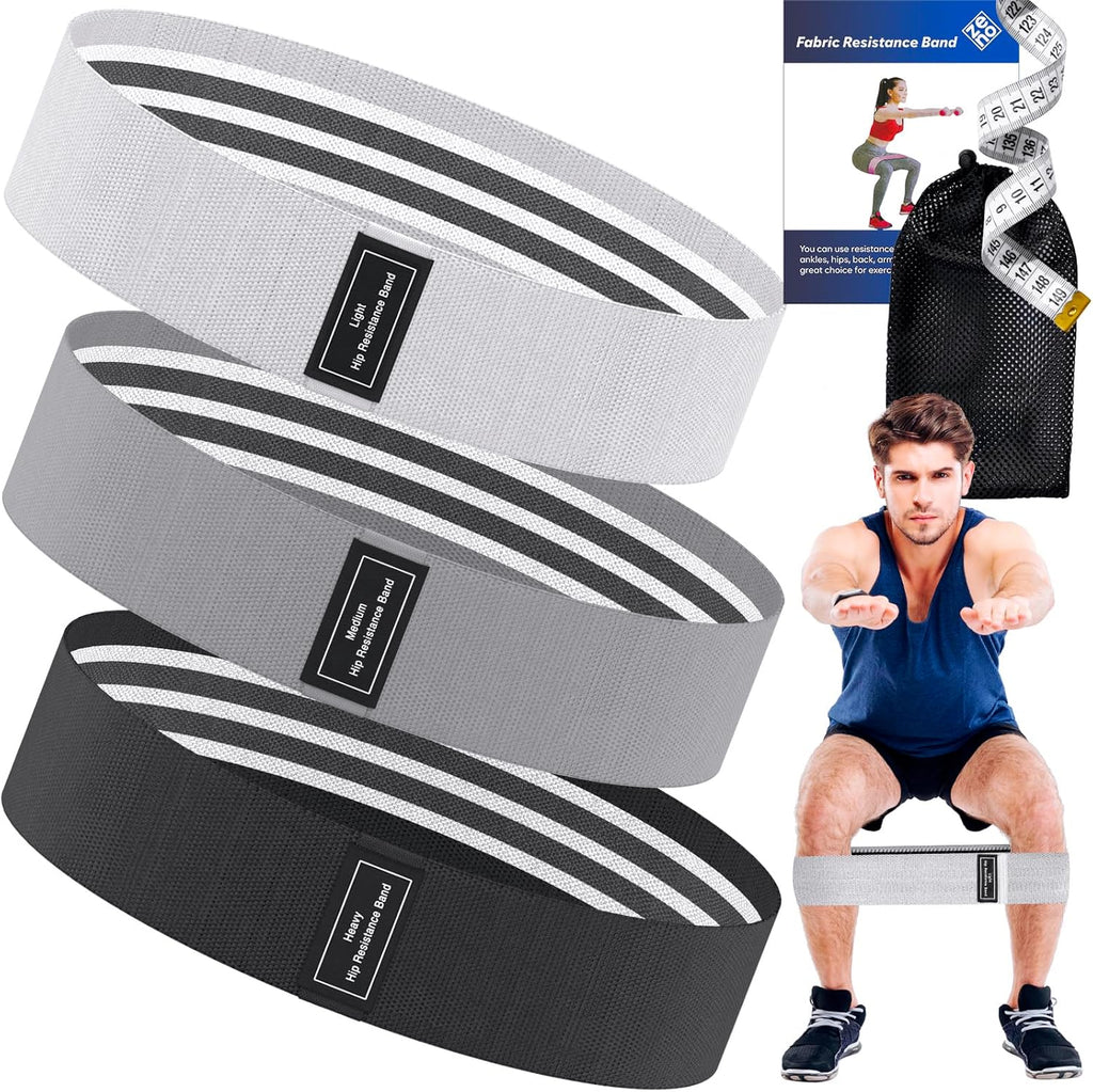 Wide Fabric Resistance Bands - 3 Strength Levels, Non-Slip Booty Bands for Men & Women | Includes Bag & Tape Measure for Gym, Yoga, Pilates