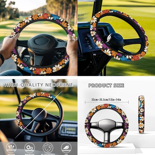 FUIBENG Golf Cart Seat Covers and 13-16 Inch Steering Wheel Covers, Golf Cart Seat Towel Blanket, Hippie Boho Floral