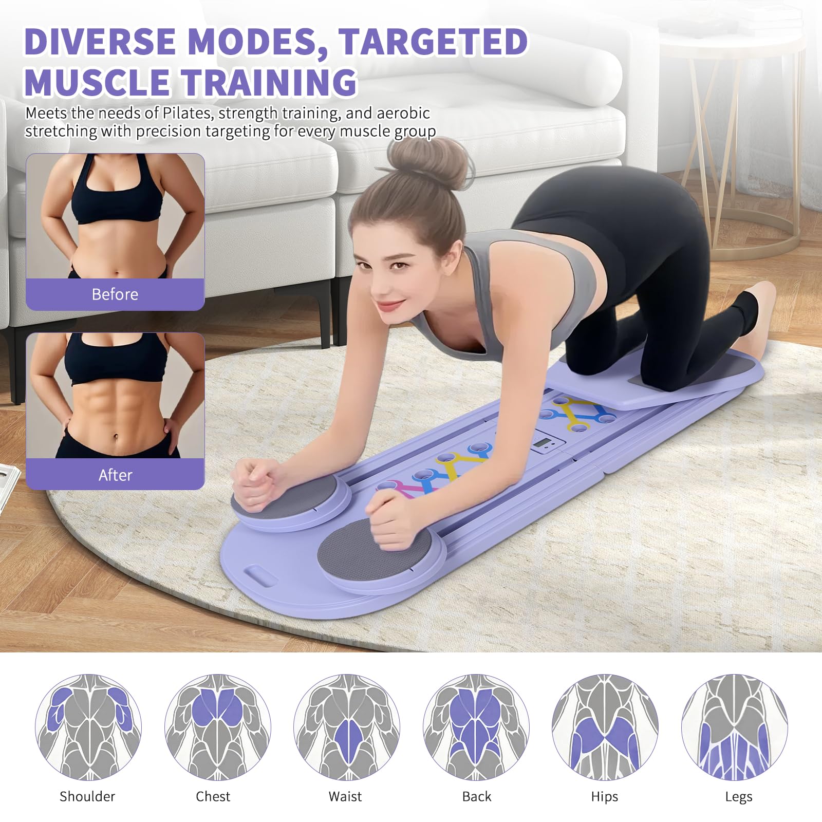 Pilates Board, Pilates Reformer Set，Multi-Function Pilates Equipment, Universal Portable and Foldable Home Pilates Set for Core Strength and Pilates Training, Full Body Home Workout