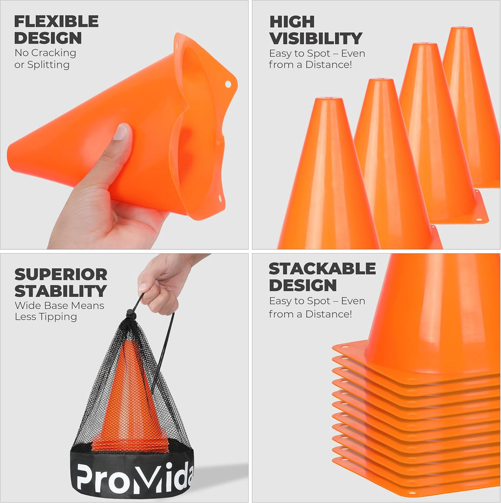 Skiennix 7-Inch Soccer Cones - 12-Pack Training Set with Mesh Bag for Kids' Sports Drills