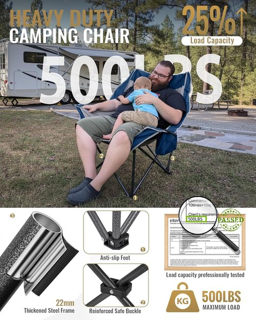 KingCamp Oversized XL Camping Chair - Heavy Duty 500lbs Folding Couch with Cooler Bag & Cup Holder