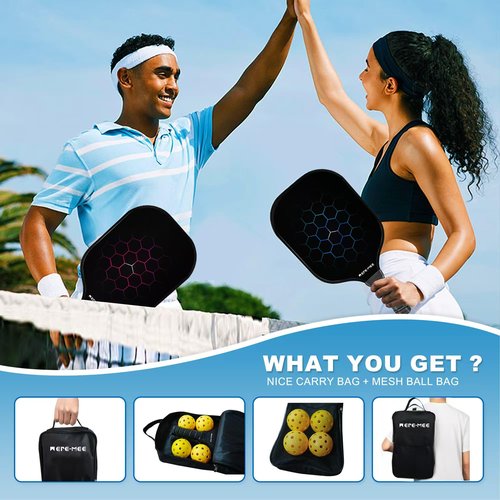 MEREMEE Pickleball Paddles, Fiberglass Surface with Balls and Bag, Lightweight Pickleball Paddles Set of 2 for Men, Women, Kids, Adults(B&R)