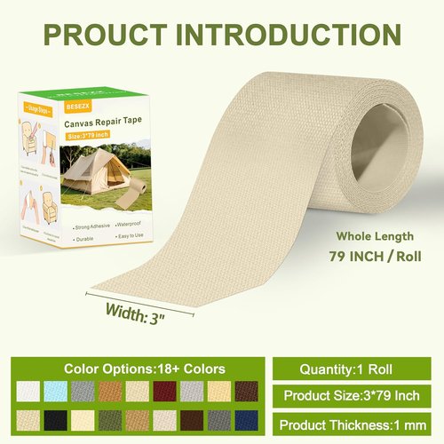 Besezx Canvas Repair Tape - Waterproof Self-Adhesive Fabric Patch for Outdoor Gear | 3x79 Inches (Rice Coffee)