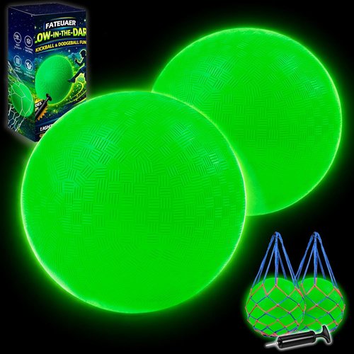 Glow in The Dark Kickball - 8.5 Inch Light-Up Playground Balls with Pump & Mesh Bags | Green Luminous