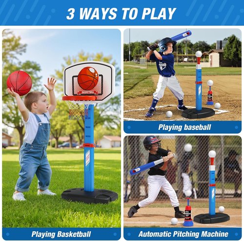 HYES Kids Basketball Hoop & T-Ball Set - Adjustable Height, Automatic Pitching Machine | Indoor/Outdoor Sports Toy for Ages 1-5, Blue