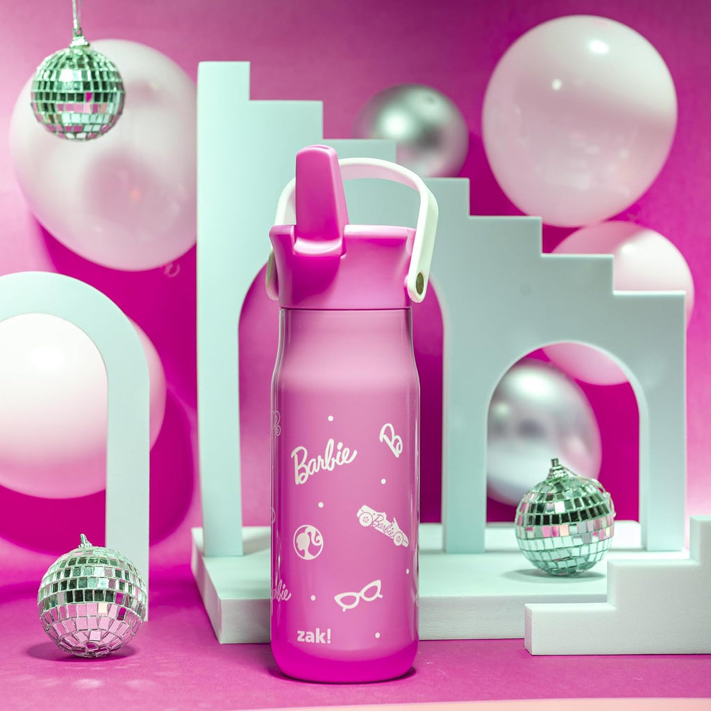 Zak Designs Barbie Water Bottle - 20oz Stainless Steel, Leak-Proof, Vacuum Insulated with Straw Lid & Handle | Pink