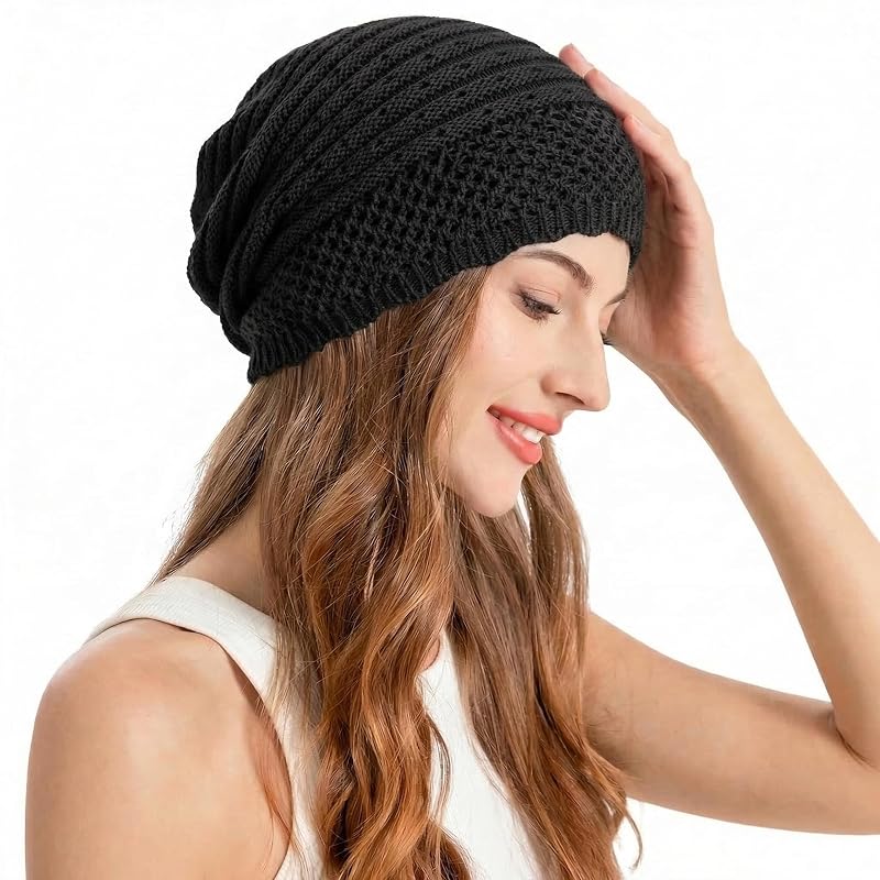 Crochet Slouchy Beanie for Women - One Size, Plain Black (Variation: Plain Black+One Size)
