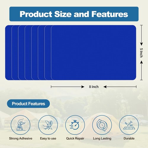 KING MOUNTAIN Nylon Fabric Repair Patch - 8 Pcs Waterproof Quick Repair Kit for Jackets, Tents & Gear (5x8 Inches, Blue)