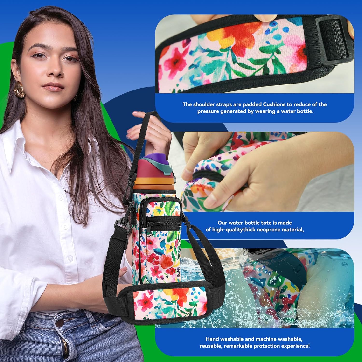 Owala | Neoprene Water Bottle Holder Bag - Adjustable Shoulder Strap & Cell Phone Pocket - 24 oz