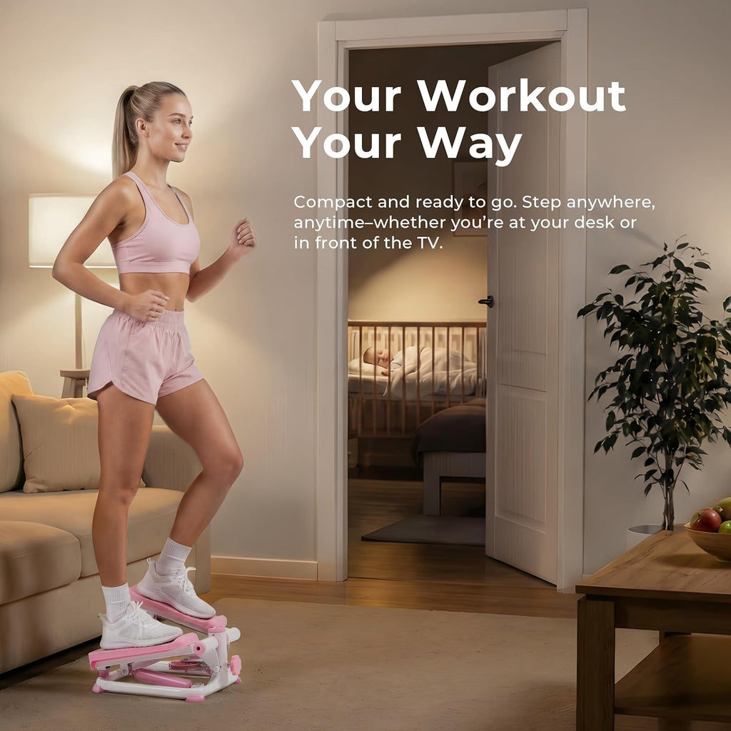 Sunny Health & Fitness Mini Stepper - Compact Home Exercise Machine with Resistance Band & App Connection
