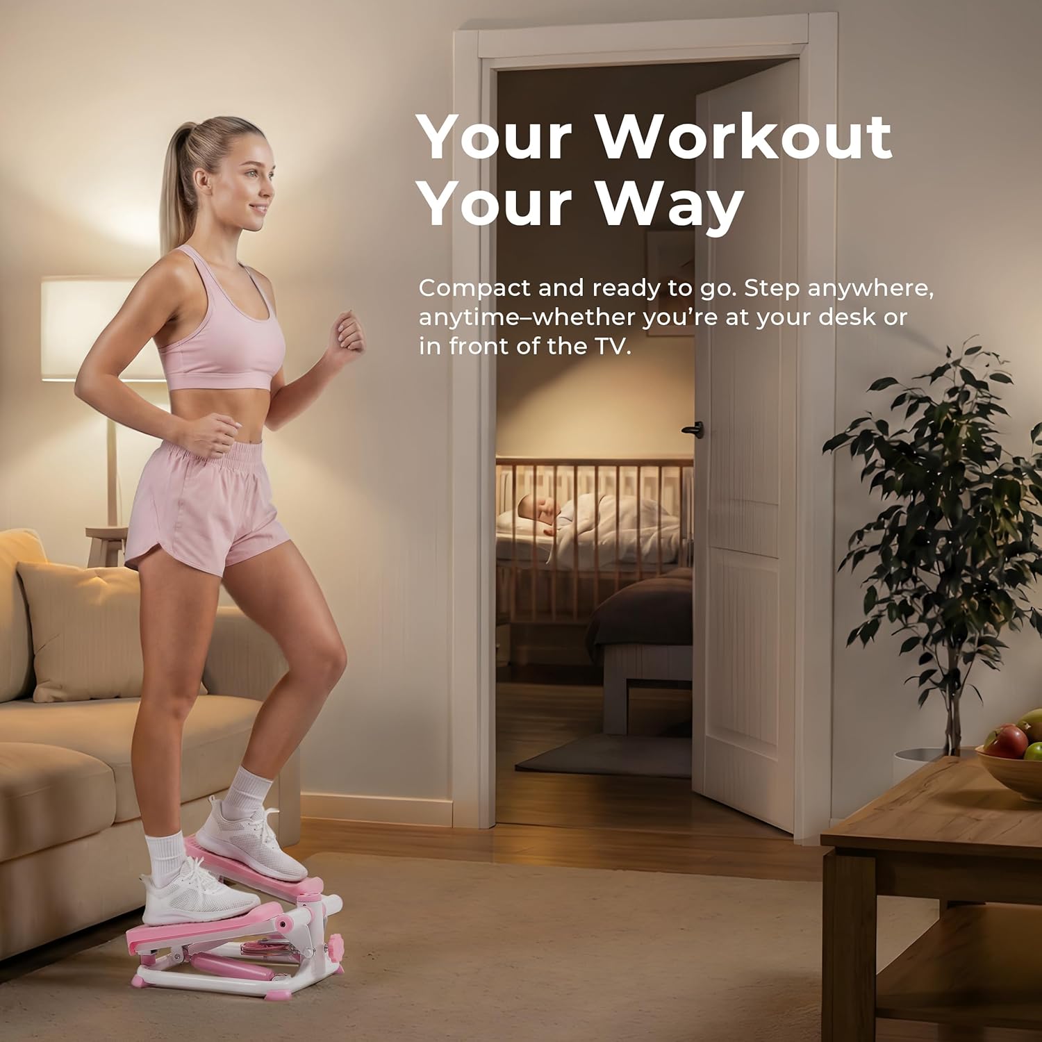 Sunny Health & Fitness Mini Stepper - Compact Home Exercise Machine with Resistance Band & App Connection