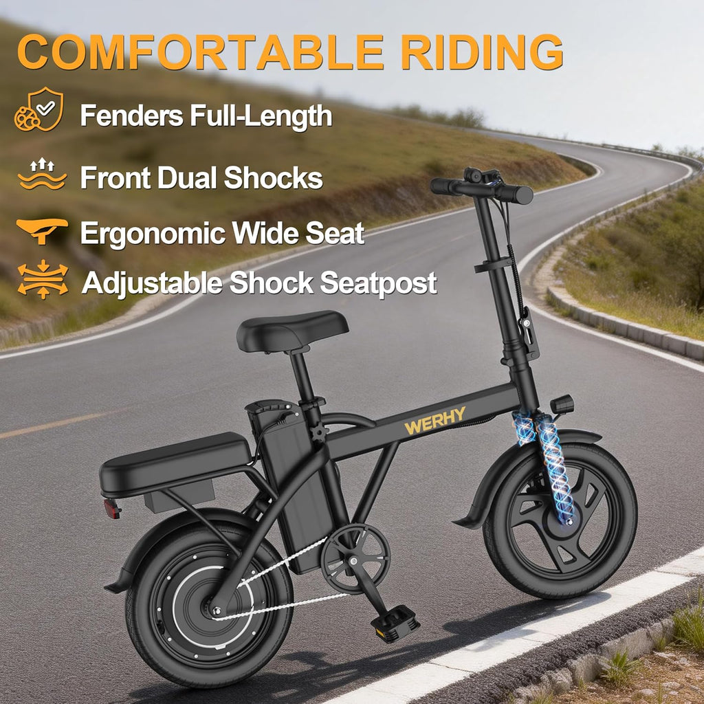 WERHY Electric Bike - 500W Motor, 22 MPH Max Speed, Folding Design, 14" Mini E-Bike for 30-50 Miles Range