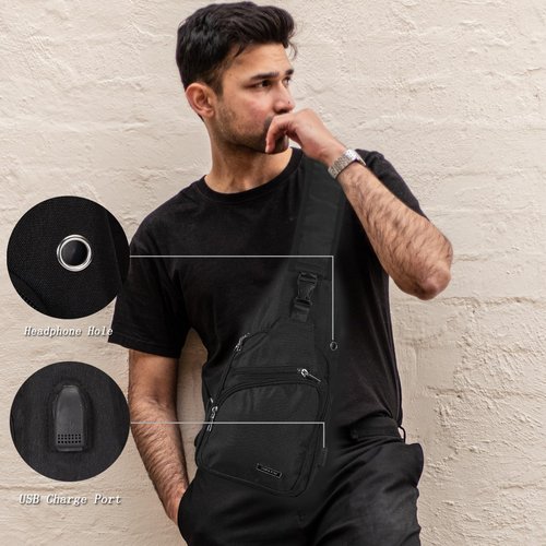 Seoky Rop Men Women Sling Backpack Anti Theft Crossbody Shoulder Chest Bag with USB Charging Port Black