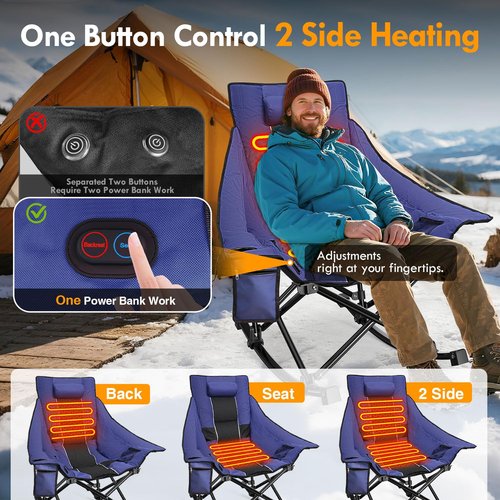 Slendor Oversized Heated Camping Chair, Folding Heated Rocking Chair with Padded Pillow, 3 Adjustable Heat Settings Portable Camp Chair for Outdoor & Indoor Use, NO Power Bank, Blue