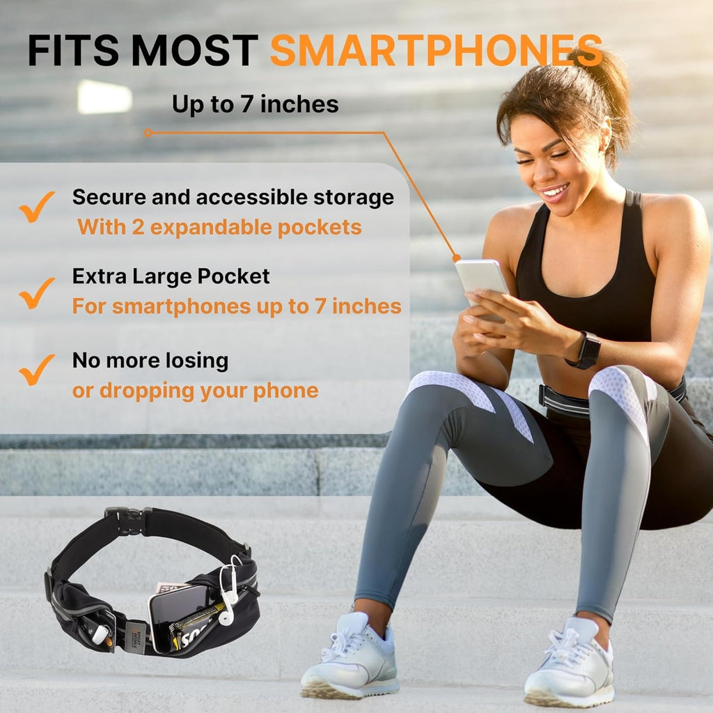 Skiennix Running Belt - Waterproof Phone Holder with Reflective 2-Pocket Design | Adjustable Waist Pack for Essentials