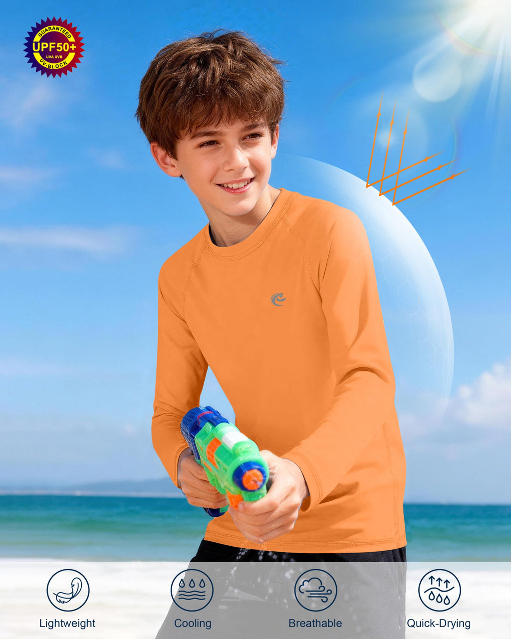 Boys UPF 50+ Swim Shirt Long Sleeve, 1 or 2 Pack UV Sun Protection Rash Guard, Youth Kids SPF Water Shirts for Beach Surf