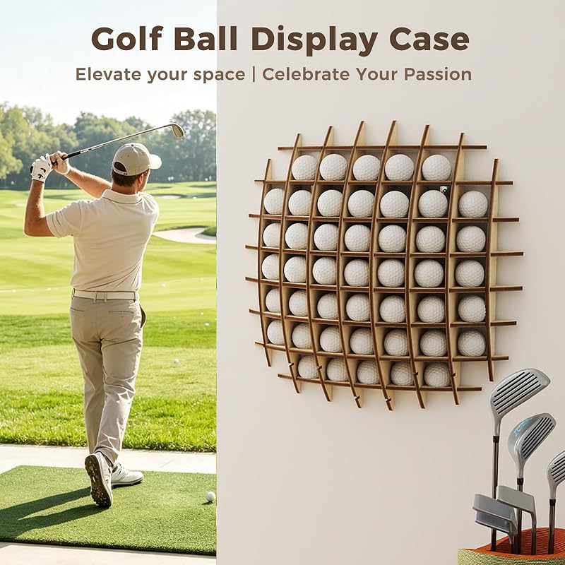 Wall-Mounted Golf Ball Display Case, 52-Ball Wooden Holder Rack