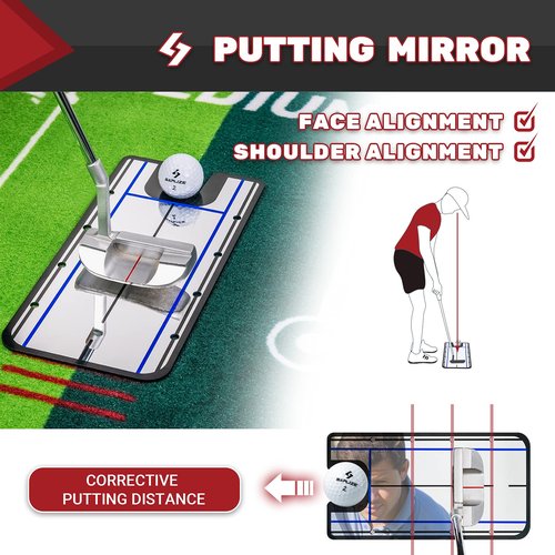 SAPLIZE Two-Speed Golf Practice Mat with Alignment Mirror, 20 in X 10 ft Training Aid Mat, Anti-Slip Backing Golf Putting Green for Indoor/Outdoor