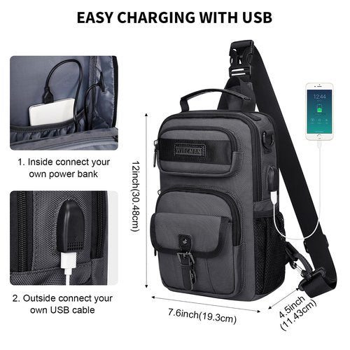 WITZMAN Sling Bag for Men Convertible Travel Sling Backpack USB Charging Port Lightweight Crossbody Bags Casual Daypack（B698 Silvery Grey）