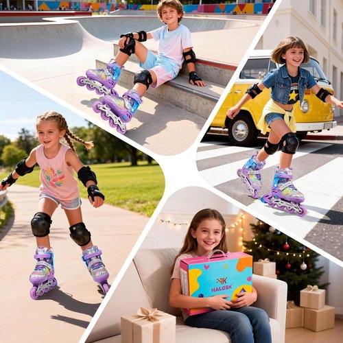 HALOSK Kids Inline Skates for Girls Boys with Light Up Wheels, Adjustable Blade Skates Gradient Glitter Star with Breathable Comfort Liner for Youth Beginners, for Ages 5–16