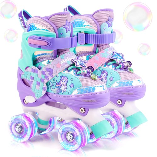 Mermaid Roller Skates for Girls Kids, Mosoulais 4 Size Adjustable Light up Wheels Skates for Toddlers, Beginner Women Rollerskates Indoor Outdoor for Xmas Birthday Gifts, Patines para Niñas Niños