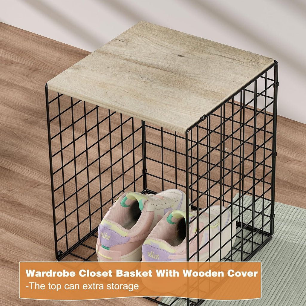 Skiennix Closet Organizers - Set of 3 Stackable Wire Storage Bins with Wood Top | Sturdy Metal Design in Black