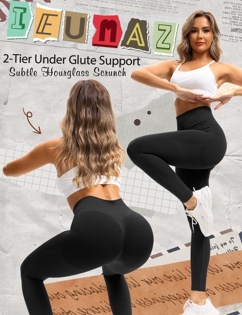 Ieumaz Pump Leggings for Women Tummy Control Scrunch Butt Lifting Seamless Leggings Gym Workout Mid Waist Yoga Pants Black