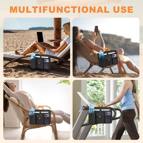 Beach Chair Cup Holders, Arm Organizer for Camping with 2 Self-Adhesive Fastener Strap, Hanging Bag Insulation with 4 Pockets, Camp Chair Accessories for Water Bottle, Magazine, Black, Patent Design