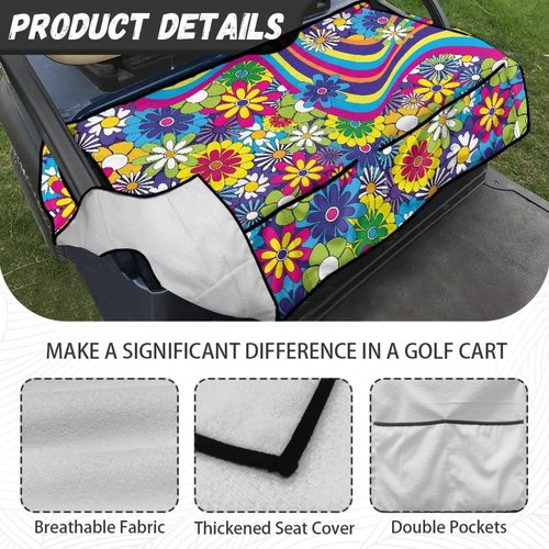 Suobstales Hippie Daisy Swirl Print Golf Cart Seat Towel Blanket Cover with 4 Pockets for All Weather, Non-Slip Golf Cart Seat Cover Compatible with EZGO, Club Car and More 2-Seat Golf Carts