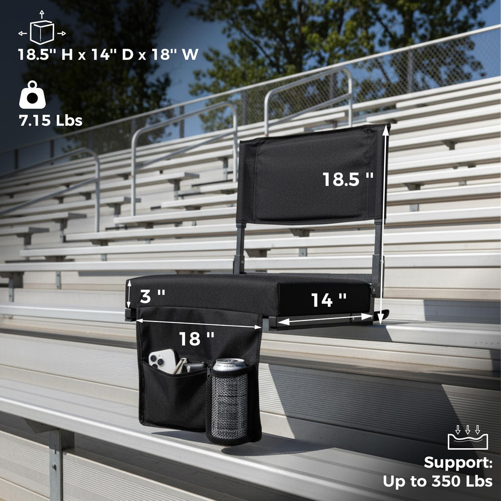 Stadium Seats with High Back Support Bleacher Chairs with 18.5in Adjustable Back and Wide Thick 3in Foam Cushion Portable Folding Bleacher Chair Includes Shoulder Strap and Cup Holderr Black 2 pcs