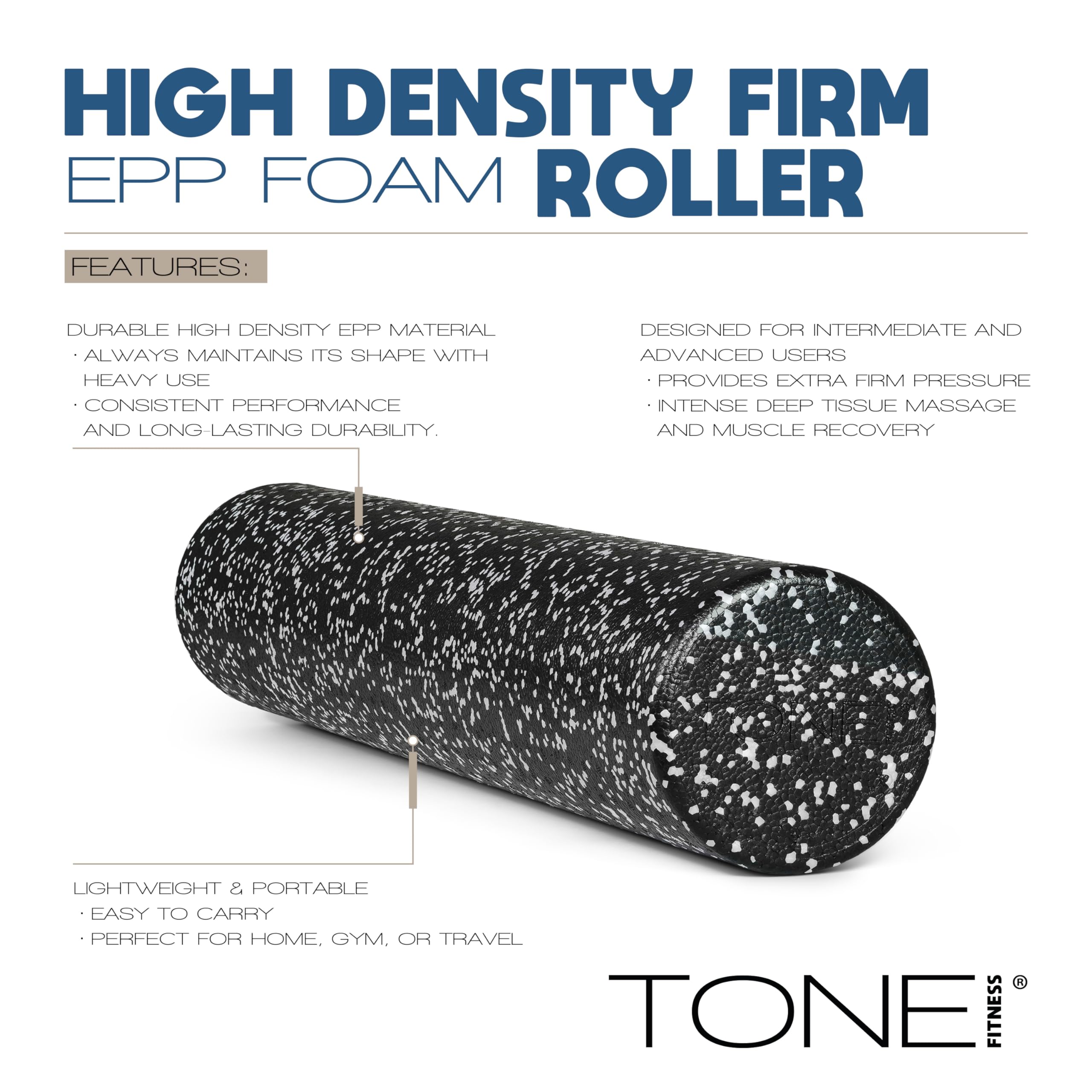 Tone Fitness High Density EPP Foam Exercise Foam Roller for Yoga, Pilates, Stretching, Massage, and Recovery 36 inch Black/White Speckled