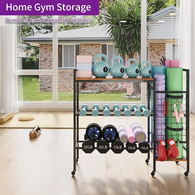 35" Adjustable Dumbbell Rack with Wheels – 4-Tier Home Gym Stand for Dumbbells, Kettlebells & Yoga Mats