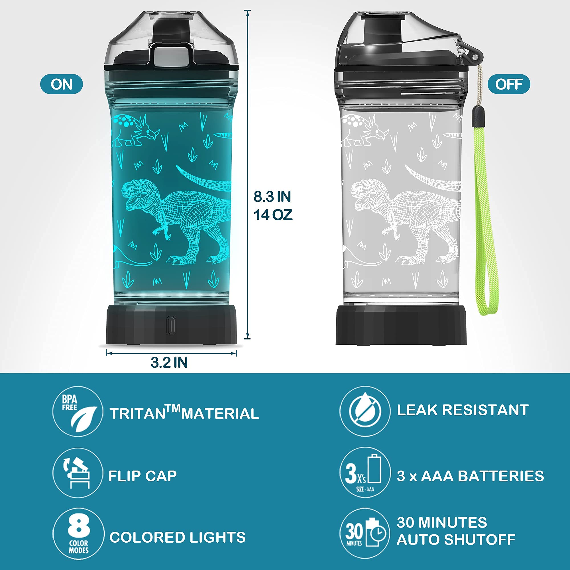 YuanDian Dinosaur Water Bottle, Light Up Boy Drinking Cups with 3D Dinosaur Night Light- 14 OZ Tritan BPA Free Eco-Friendly - Cool Jurassic Merchandise Gift for School Kids Boy Girl